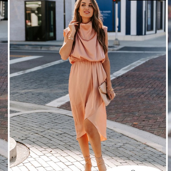SOLEIA SATIN COWL NECK MIDI DRESS - DUSTY PEACH - - Picture 2 of 3